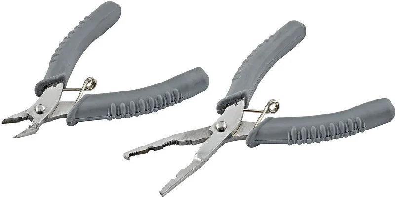 Fishing pliers jaw clamp-South Bend 2pc Set Gray Wire Cutter & Split Ring Long Nose Pliers 110945