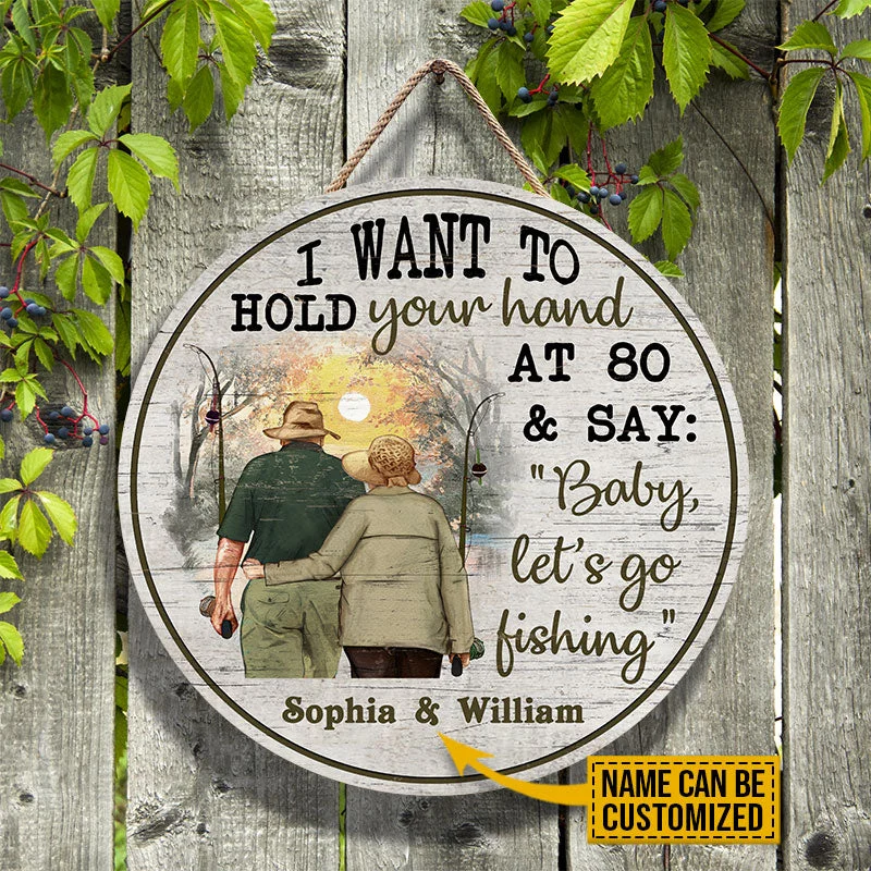 Fishing tackle multi-layer pouch-Personalized Fishing Old Couple Hold Your Hand Custom Wood Circle Sign