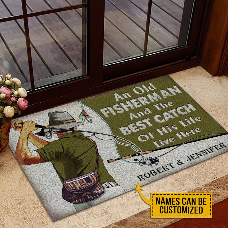 Fishing line loop tray-Personalized Fishing Old Couple The Best Catch Live Here Customized Doormat