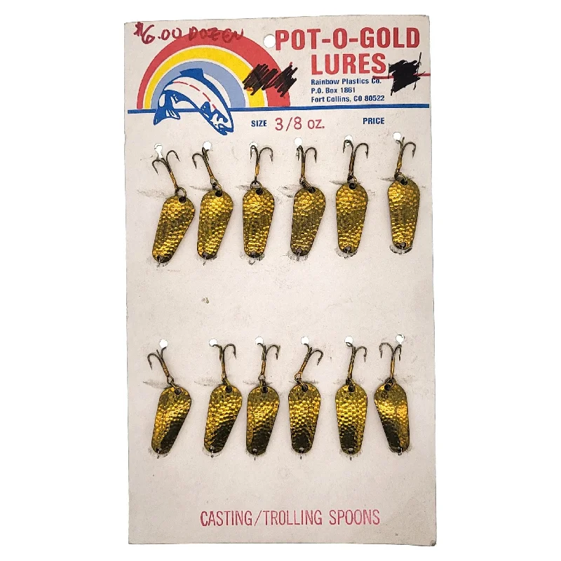 Fishing rod angle clamp-Pot-O-Gold Lures Trolling/Casting Spoons 3/8 Oz Qty 12 Card Hammered Gold