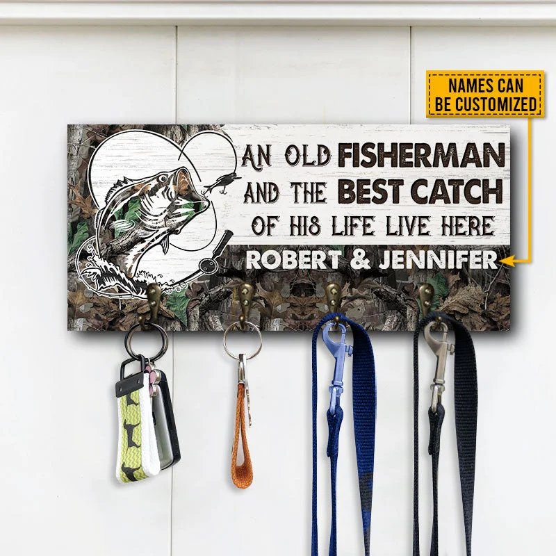 Fishing rod exhibit stand-Fishing Couple Fisherman And Best Catch Personalized Custom Wood Key Holder