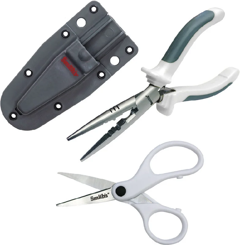 Fishing bait slicing clamp-Smith's Sharpeners White & Grey 6.5" Lawaia Pliers & Scissors Combo 51255