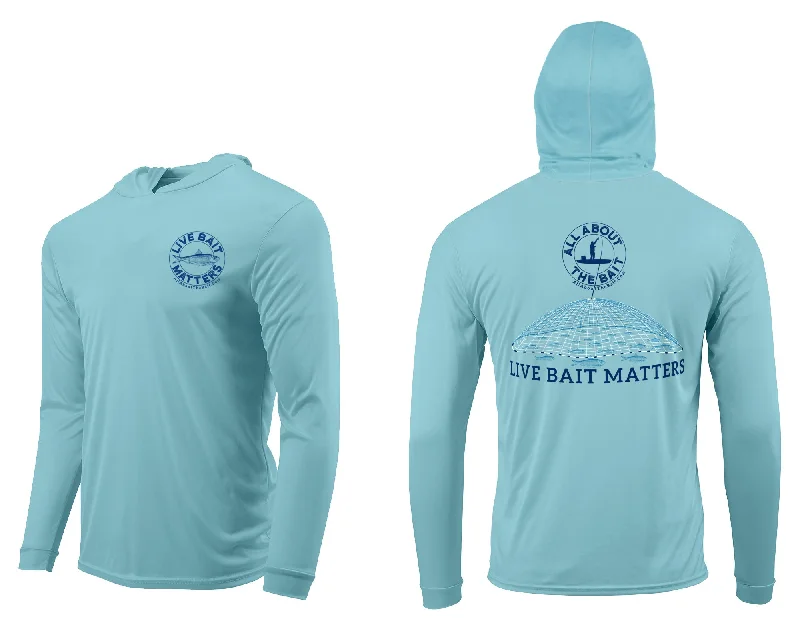 Fishing rod balance tray-(FREE MASK) LIVE BAIT MATTERS HOODED - Aqua Blue - 50+ UPF - Long Sleeve Performance Shirt - 100% Polyester - FREE DELIVERY