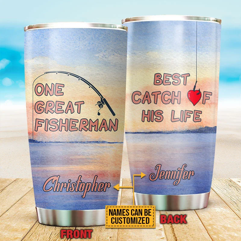 Fishing rod exhibit clamp-Fishing Couple Great Fisherman And His Best Catch, Couple Gift, Lake Pattern Custom Tumbler