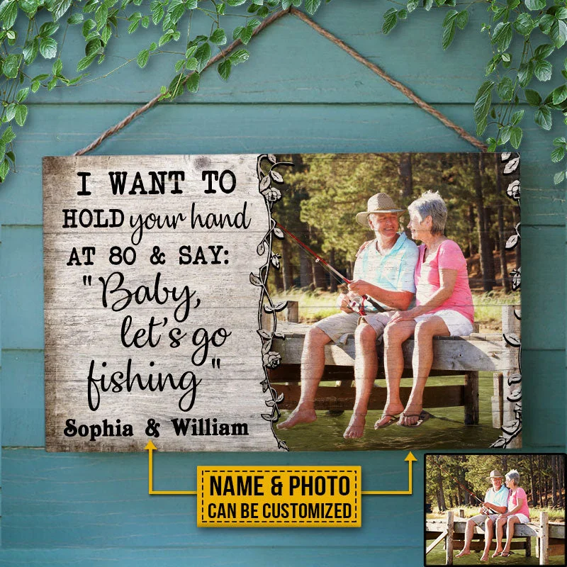 Fishing line twist guide-Custom Photo Fishing Old Couple Husband Wife Hold Your Hand Photo Gift Custom Wood Rectangle Sign, Wall Pictures, Wall Art, Wall Decor