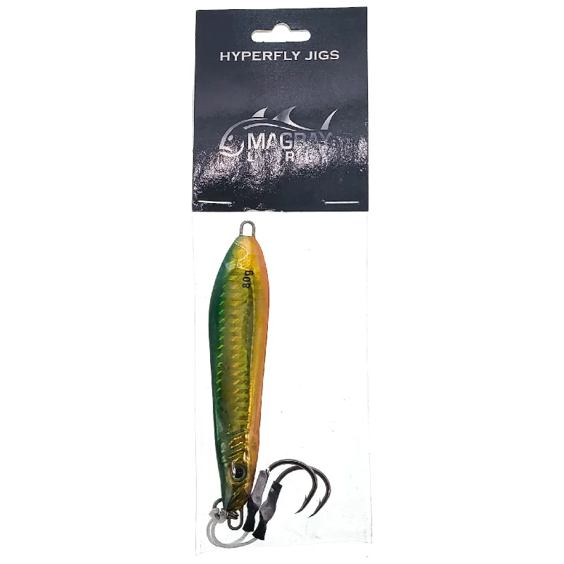 Fishing bait slicing tray-Magbay Lures Hyperfly Alacrity High Speed Jig 80G 4.25" Green/Orange Qty 1