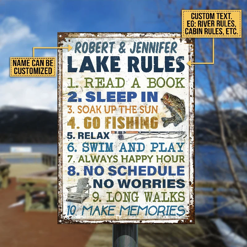 Fishing line splice tray-Personalized Fishing 10 Lake Rules Customized Classic Metal Signs