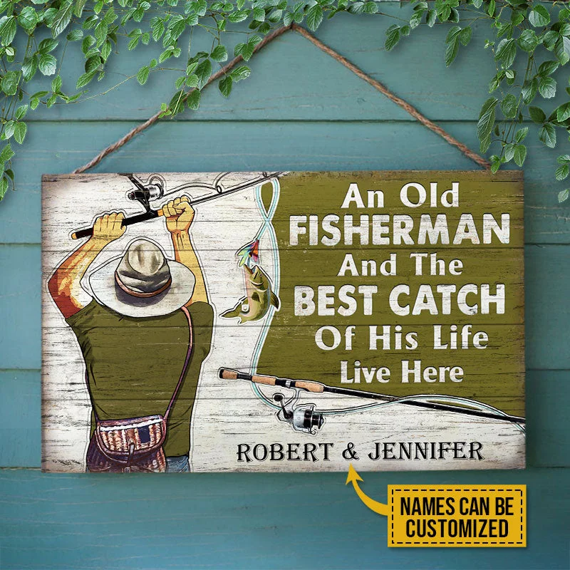 Fishing hook bending clamp-Personalized Fishing Old Couple Live Here Customized Wood Rectangle Sign