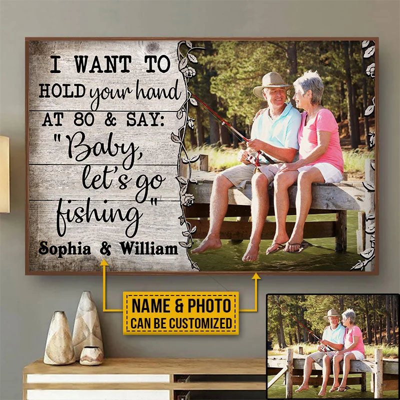 Fishing tackle utility stand-Custom Photo Fishing Old Couple Husband Wife Hold Your Hand Photo Gift Custom Poster, Wall Pictures, Wall Art, Wall Decor