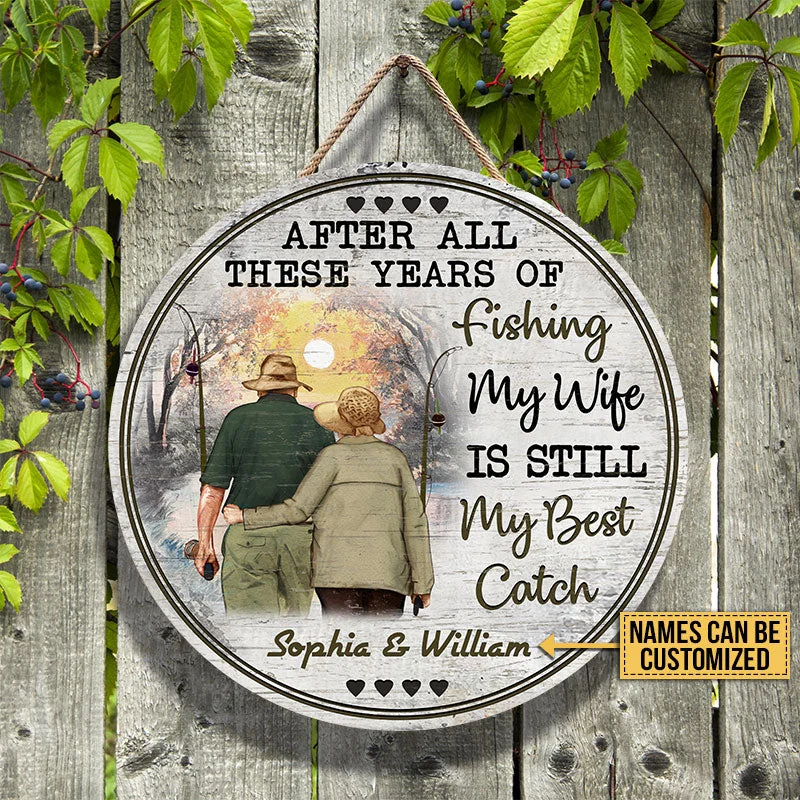 Fishing reel spool case-Personalized Fishing Old Couple After All These Years Custom Wood Circle Sign